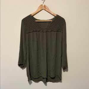Denver Hayes Olive Blouse with Crochet Yoke